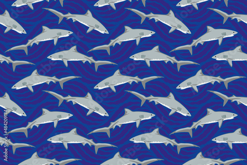 Flock of Diving Tiger Sharks on Blue Ocean Wavy Background - Seamless Vector Square Pattern - Easy to Color Edit