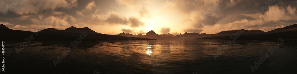 Beautiful sunset over the seashore, sunrise over water, 3d rendering