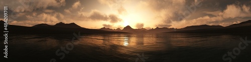 Beautiful sunset over the seashore  sunrise over water  3d rendering