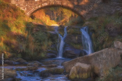 Digital painting of a stone packhorse bridge at Three Shires Head in the Peak District.