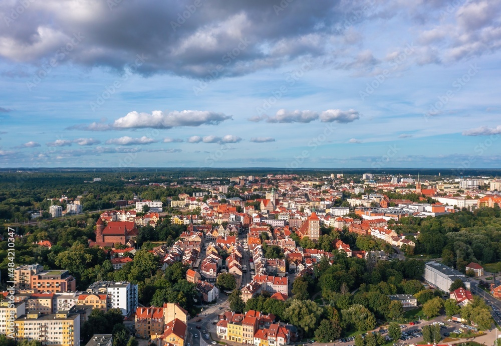 Summer aerial cityscape of Olsztyn (Poland) old town at sunset.