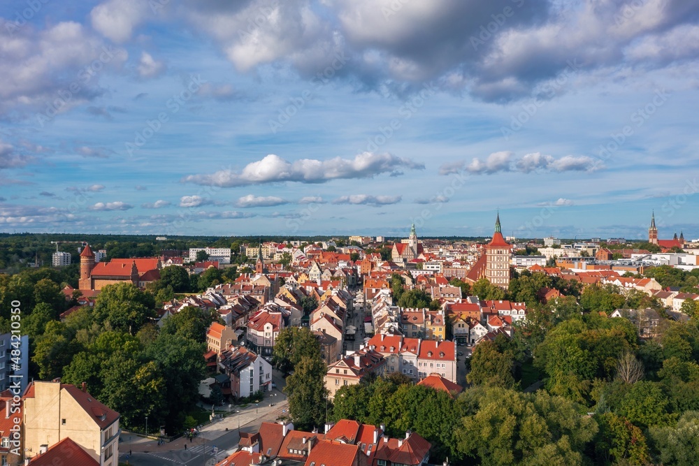 Skyline of Olsztyn, Poland. Old town at sunset.