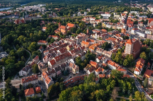 Fototapeta Naklejka Na Ścianę i Meble -  Summer aerial cityscape of Olsztyn (Poland) old town at sunset.
