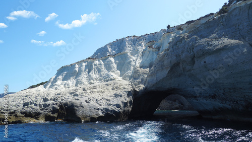Scenic open volcanic white cave of Sykia in island of Milos, Cyclades, Greece