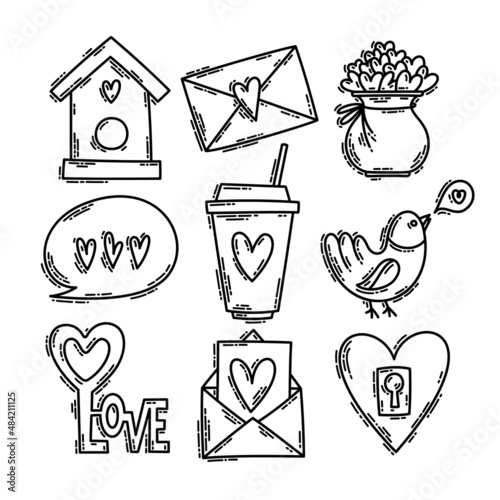 Valentine's Day doodle style hand-drawn icon set with simple engraving retro effect. Romantic mood cute love symbols and elements collection.