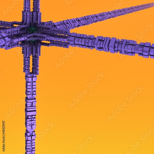 A 3D fractal object building a recursive node on an orange-yellow background.