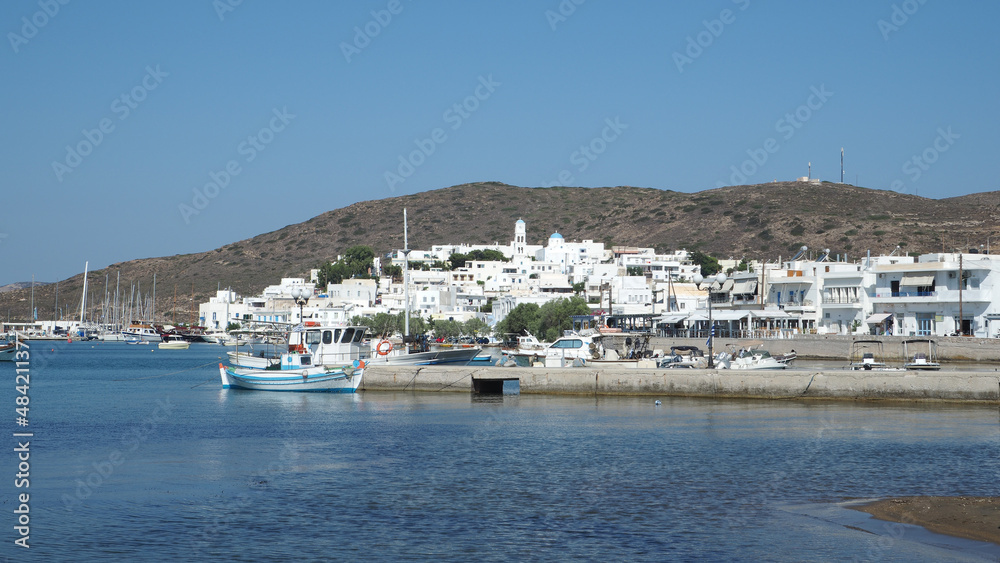 Well protected from winds picturesque main port of Milos island, Cyclades, Greece