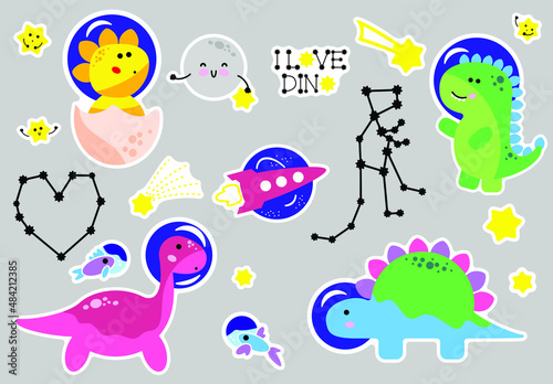 Stickers dinosaurs astronauts in space. Cute and funny animals. Star signs, dino, heart, rocket. Lovely drawings. Constellation in cosmos.