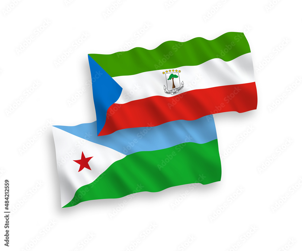 National vector fabric wave flags of Republic of Equatorial Guinea and Republic of Djibouti isolated on white background. 1 to 2 proportion. National vector fabric wave flags of Republic of Equatorial Guinea and Republic of Djibouti isolated on white background. 1 to 2 proportion.