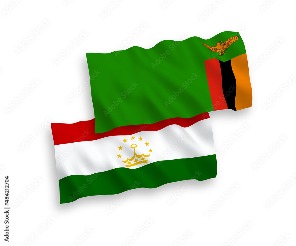 National vector fabric wave flags of Republic of Zambia and Tajikistan isolated on white background. 1 to 2 proportion.