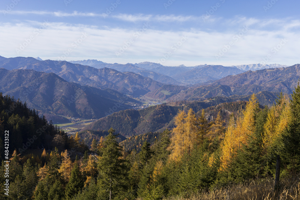 Alpine mountains panoramic view to valley and forest on autumn sunny day