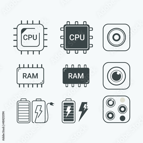 Specification icon Smartphone Set Vector, mobile icon, System, cpu, Ram, battery, electricity, Carmera 