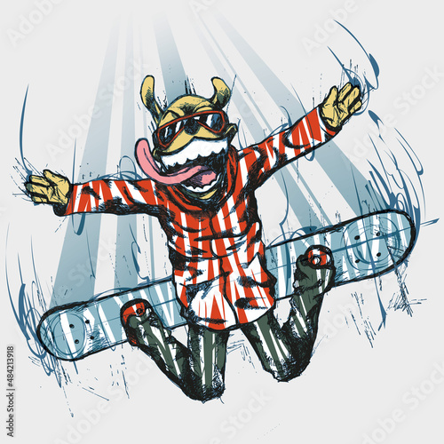 Dog jumping on a snowboard with his arms stretched out. Dog snowboarder flying in the air with his tongue out of his mouth. Snowboarding mascot illustration concept.