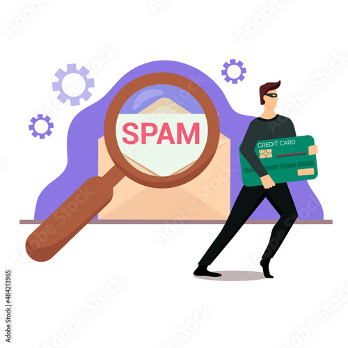Vector illustration on the topic of online fraud, cyber security. Spam message from fraudster, money, bank card, passwords. Trend illustration in flat style