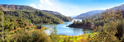 Panoramic view of the Arminou Reservoir on the Dhiarizos River at the Troodos Mountains in the Paphos District, Republic of Cyprus
