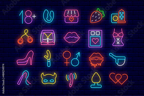 Sex store neon icon collection. Mars and venus symbol. Adult toys. Intimate item market. Vector stock illustration