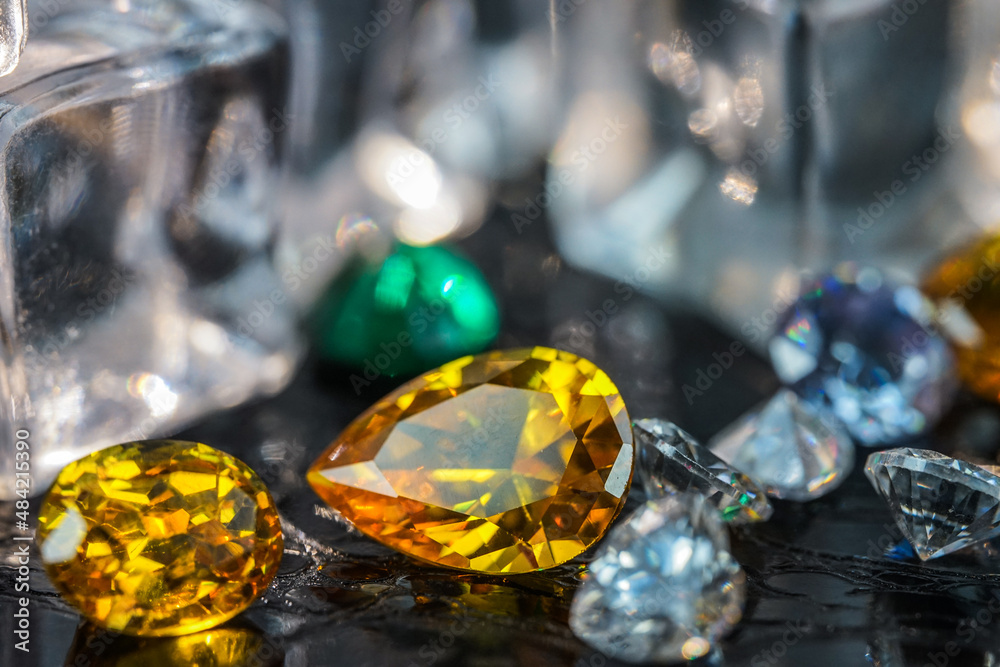 Natural Sapphire gemstone, Jewel or gems on black shine color, Collection of many natural gemstones on stone Natural Sapphire gemstone, Jewel or gems on black shine color, Collection of many natural gemstones on stone