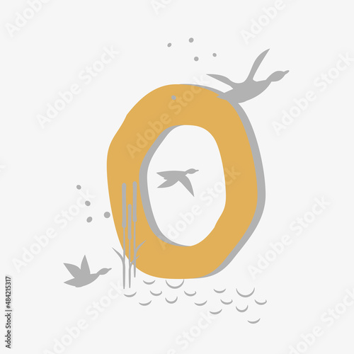 Minimalistic pattern in an oriental style in form of letter O. Flock of birds, ducks flying, reeds growing by lake. Abstract objects, spots, points, shadows. Vector illustration, for logo design