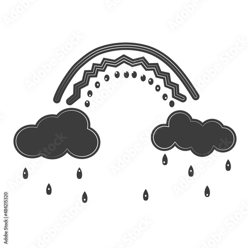 Graphic sketch clouds, rainbow and rain. Artistic decorative image of weather. Vector drawing in black on white background.
