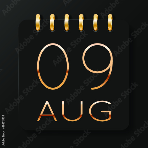 19 day of the month. August. Luxury calendar daily icon. Date day week Sunday, Monday, Tuesday, Wednesday, Thursday, Friday, Saturday. Gold text. Black background. Vector illustration.