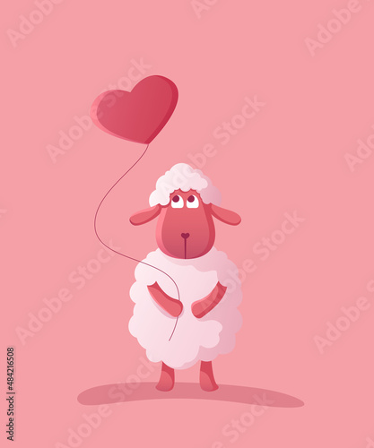 Cute pink sheep with balloon in heart shape. Vector illustration.