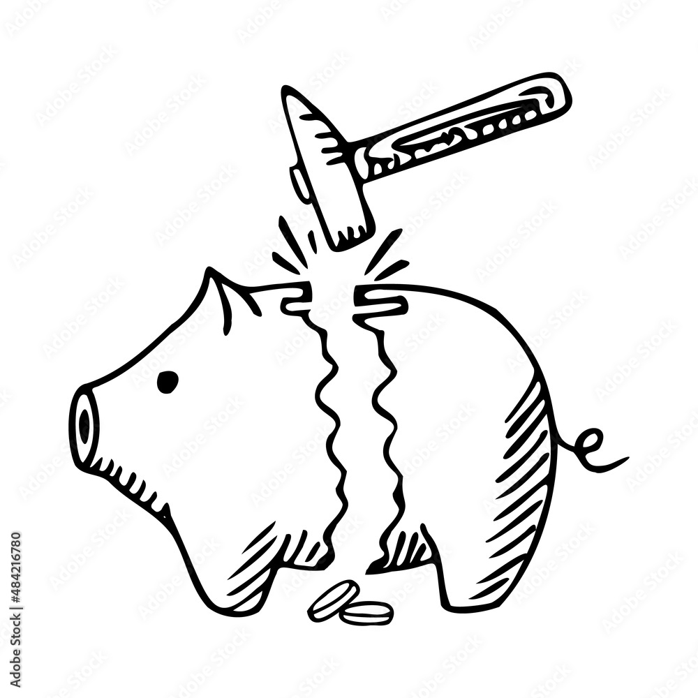 Broken Piggy bank isolated on white background. Box for safe savings