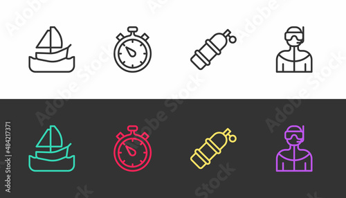 Set line Yacht sailboat, Stopwatch, Aqualung and Wetsuit for scuba diving on black and white. Vector