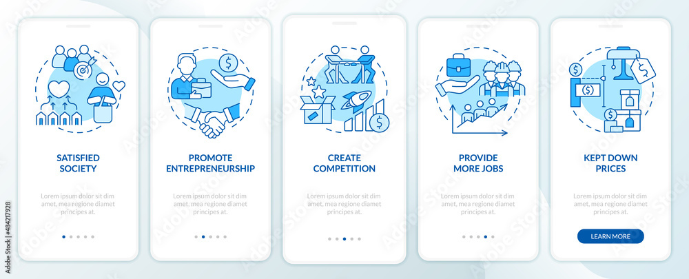 Market economy advantages blue onboarding mobile app screen. Walkthrough 5 steps graphic instructions pages with linear concepts. UI, UX, GUI template. Myriad Pro-Bold, Regular fonts used