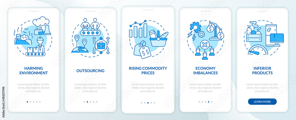 Market economy disadvantages blue onboarding mobile app screen. Walkthrough 5 steps graphic instructions pages with linear concepts. UI, UX, GUI template. Myriad Pro-Bold, Regular fonts used
