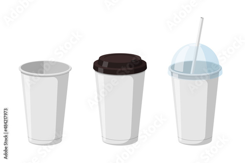 Disposable paper beverage cup templates set for coffee, soda or cocktail with black and transparent hemisphere lid. 3d blank white large cardboard soft drinks packaging collection vector illustration