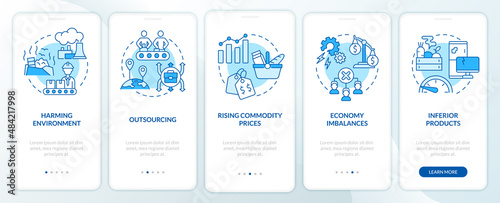 Market economy disadvantages blue onboarding mobile app screen. Walkthrough 5 steps graphic instructions pages with linear concepts. UI, UX, GUI template. Myriad Pro-Bold, Regular fonts used