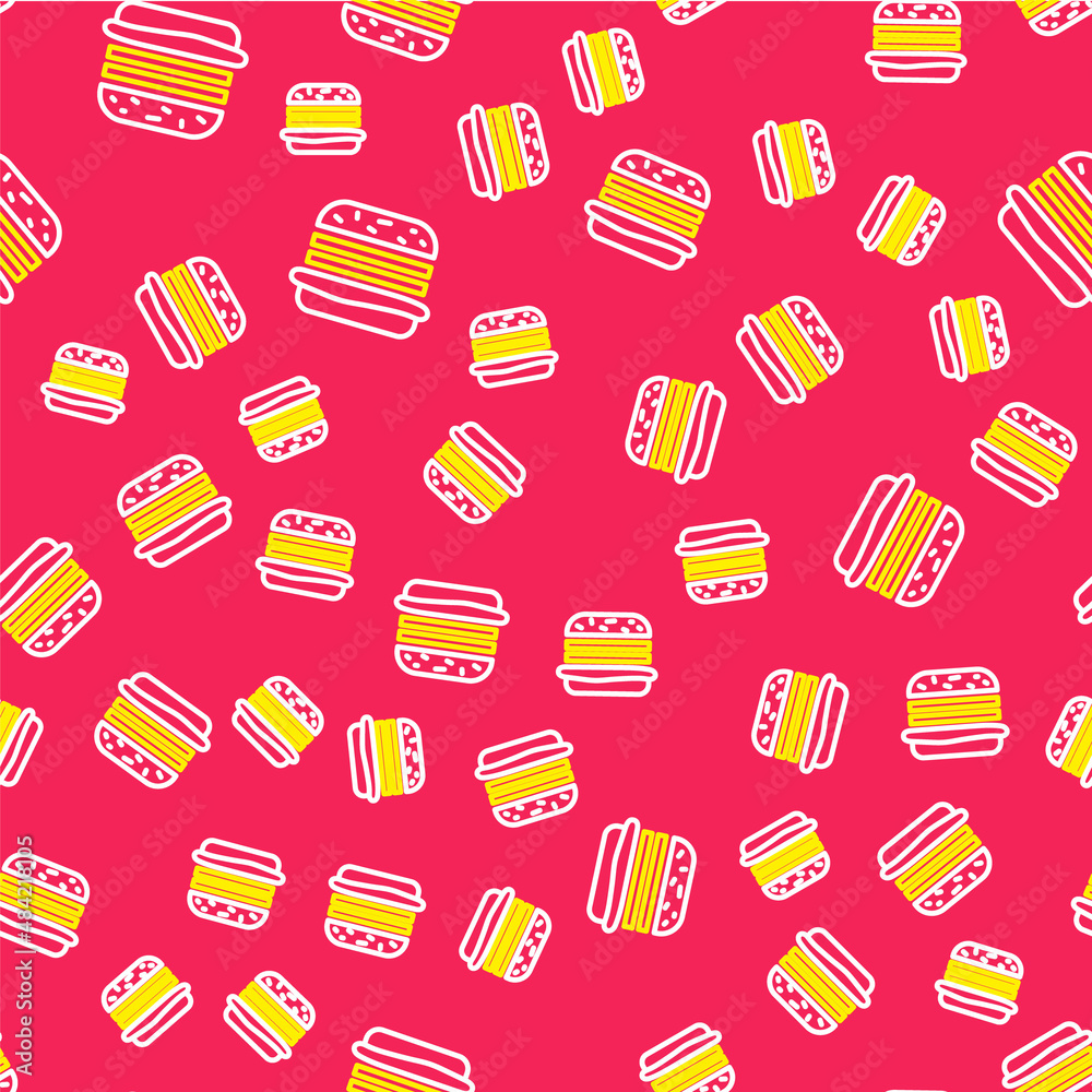 Line Burger icon isolated seamless pattern on red background. Hamburger icon. Cheeseburger sandwich sign. Fast food menu. Vector Line Burger icon isolated seamless pattern on red background. Hamburger icon. Cheeseburger sandwich sign. Fast food menu. Vector