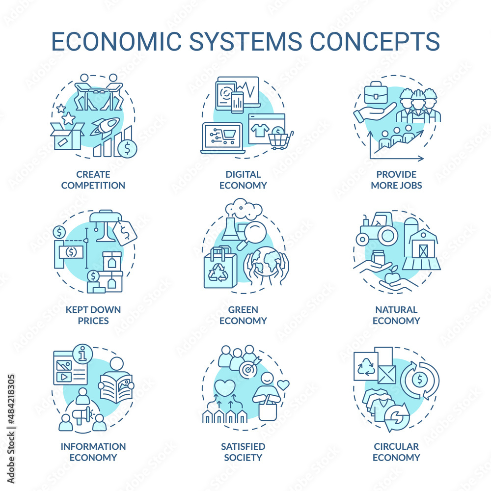Economic systems turquoise concept icons set. Manufacturing and distribution idea thin line color illustrations. Isolated symbols. Editable stroke. Roboto-Medium, Myriad Pro-Bold fonts used