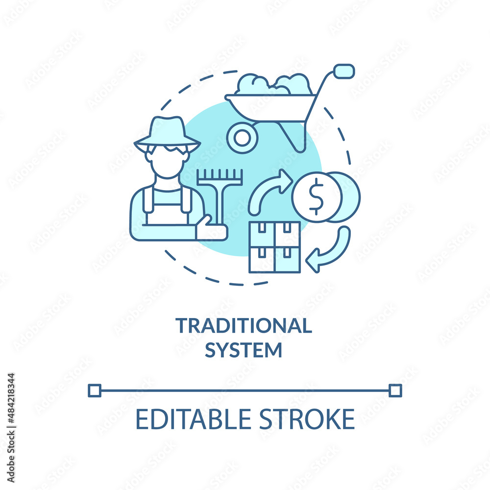 Traditional system turquoise concept icon. Bartering goods. Economic systems types abstract idea thin line illustration. Isolated outline drawing. Editable stroke. Arial, Myriad Pro-Bold fonts used