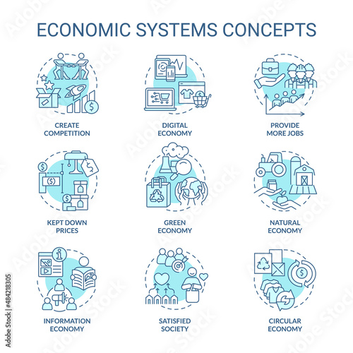 Economic systems turquoise concept icons set. Manufacturing and distribution idea thin line color illustrations. Isolated symbols. Editable stroke. Roboto-Medium, Myriad Pro-Bold fonts used