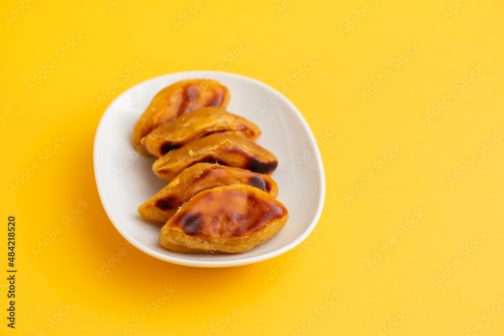 typical portuguese dessert broa castelas on white dish typical portuguese dessert broa castelas on white dish