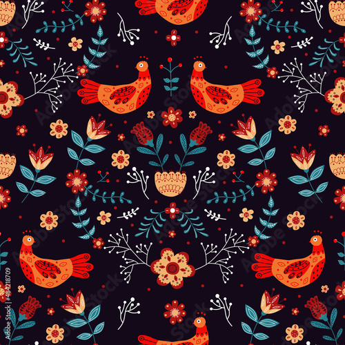 Vector seamless pattern with birds, flowers and leaves with different folk ornaments. Composition in scandinavan style. Ethnic flat illustration with nordic detailed in trendy colors