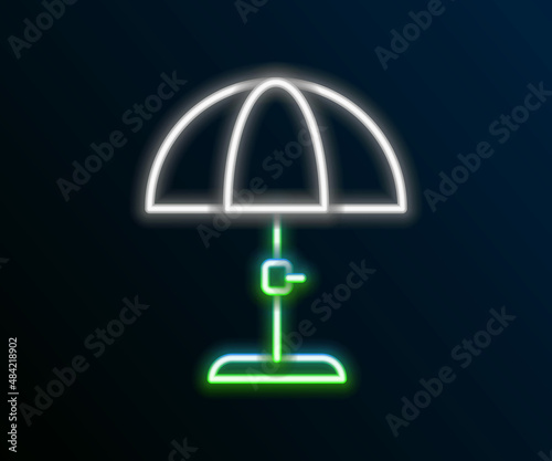 Glowing neon line Sun protective umbrella for beach icon isolated on black background. Large parasol for outdoor space. Beach umbrella. Colorful outline concept. Vector