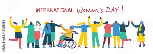 International Women's Day. Women in leadership, woman empowerment, gender equality concepts. Crowd of women of diverse age, races and occupation. Vector banner.