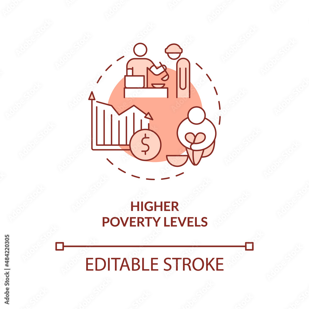 Higher poverty levels red concept icon. Centrally planned ES disadvantages abstract idea thin line illustration. Isolated outline drawing. Editable stroke. Arial, Myriad Pro-Bold fonts used Higher poverty levels red concept icon. Centrally planned ES disadvantages abstract idea thin line illustration. Isolated outline drawing. Editable stroke. Arial, Myriad Pro-Bold fonts used