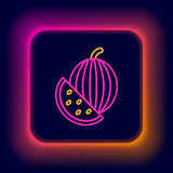 Glowing neon line Watermelon icon isolated on black background. Colorful outline concept. Vector