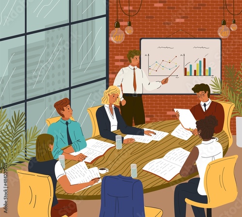 Company board meeting and financial presentation. Business concept vector illustration. Corporate conference, financial analyst at blackboard with charts. Office meeting, briefing, business training