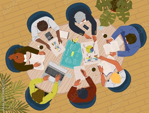 Business analysis and planning. Concept top view vector illustration. Business people sitting at a table. Office meeting, team work, project management, financial report and strategy, office desk