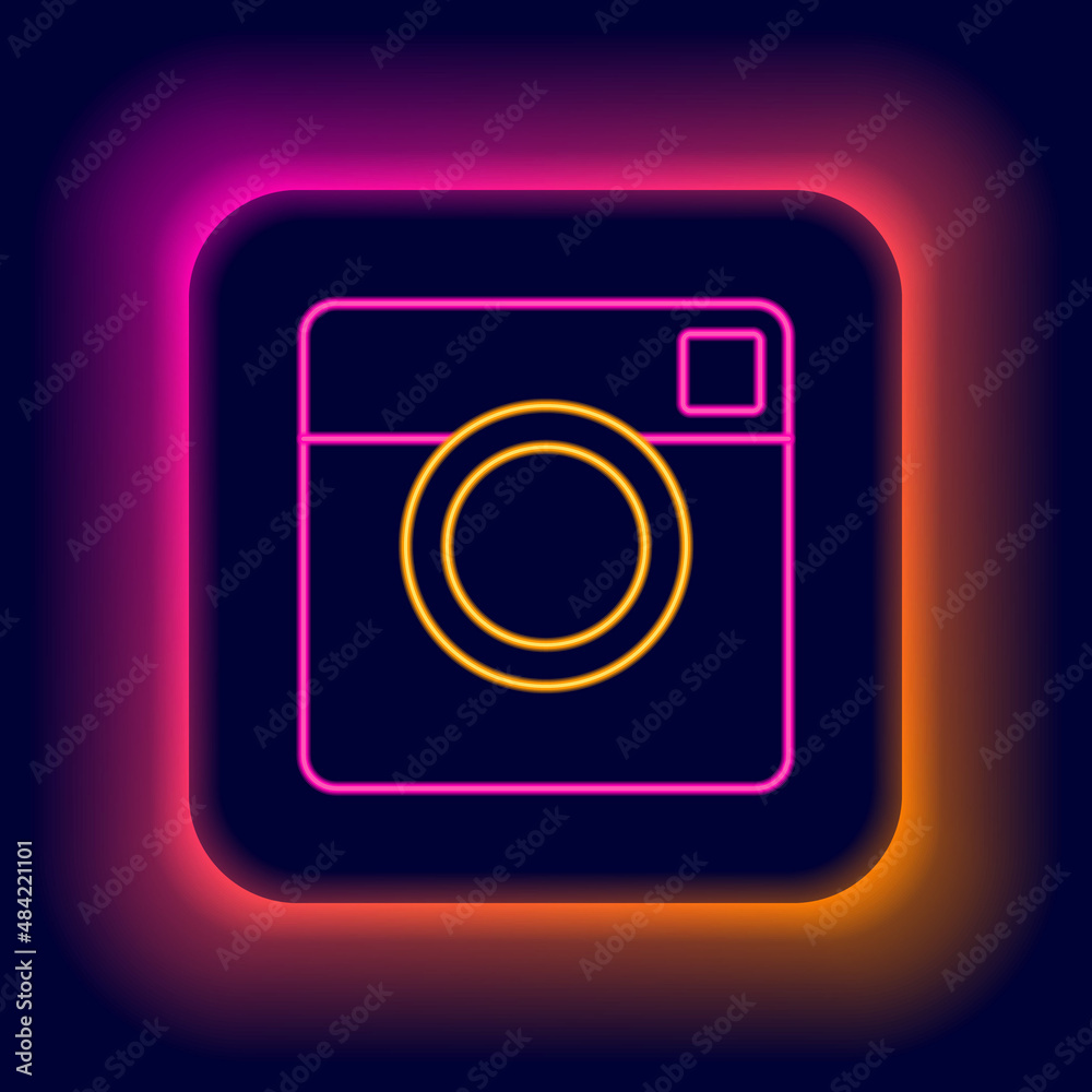 Glowing neon line Photo camera icon isolated on black background. Foto camera. Digital photography. Colorful outline concept. Vector Glowing neon line Photo camera icon isolated on black background. Foto camera. Digital photography. Colorful outline concept. Vector
