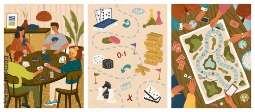 People playing board game at home. Table games concept vector posters set. Group of friends playing cards. Game objects, chess pieces, dice, wooden bricks, domino. Leisure home activities