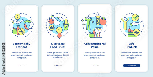 Advantages of gmo onboarding mobile app screen. Food issues walkthrough 4 steps graphic instructions pages with linear concepts. UI, UX, GUI template. Myriad Pro-Bold, Regular fonts used