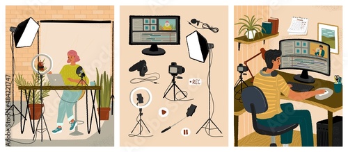 Video editing and live streaming concept vector posters set. Girl is recording video for her blog in home studio. Man working in video editor. Vlog production equipment, live online broadcast