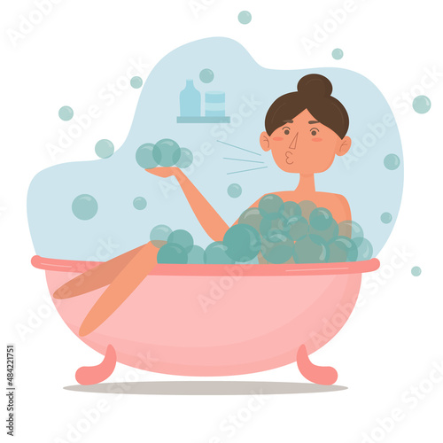 Cute girl taking a bath. Cartoon characters