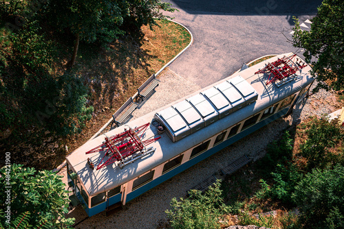 Close view of an old San Marino abandoned tram from above.