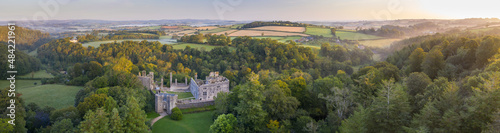 Aerial view of Berry Pomeroy Castle at dawn, Devon, England photo